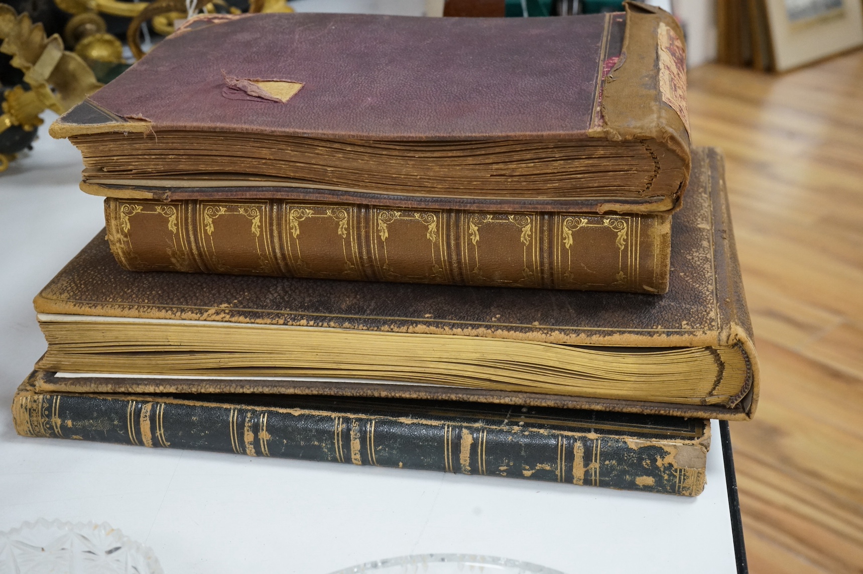 Photograph Albums - four miscellaneous, mostly travel: G.B. (some seaside and harbours), Europe and India; some cabinet portraits; mostly 16 x 22cms. (et infra); various leather bindings. later 19th and earlier 20th cent